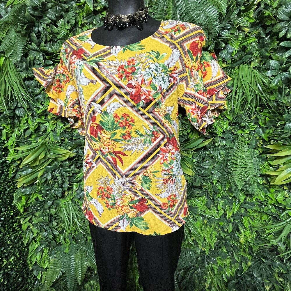VERXY Tops Women 2X Yellow Blouse Floral Print Layered Flare Sleeve  1653‎